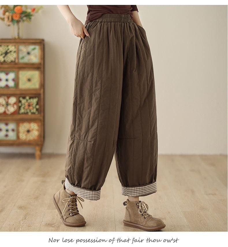 Elastic Waist Gingham Panel Cropped Baggy Pants Product Image