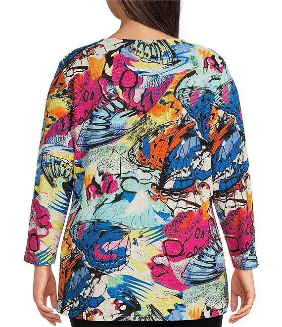 Calessa Plus Size Knit Abstract Butterfly Print Crew Neck 3/4 Sleeve Tunic Product Image