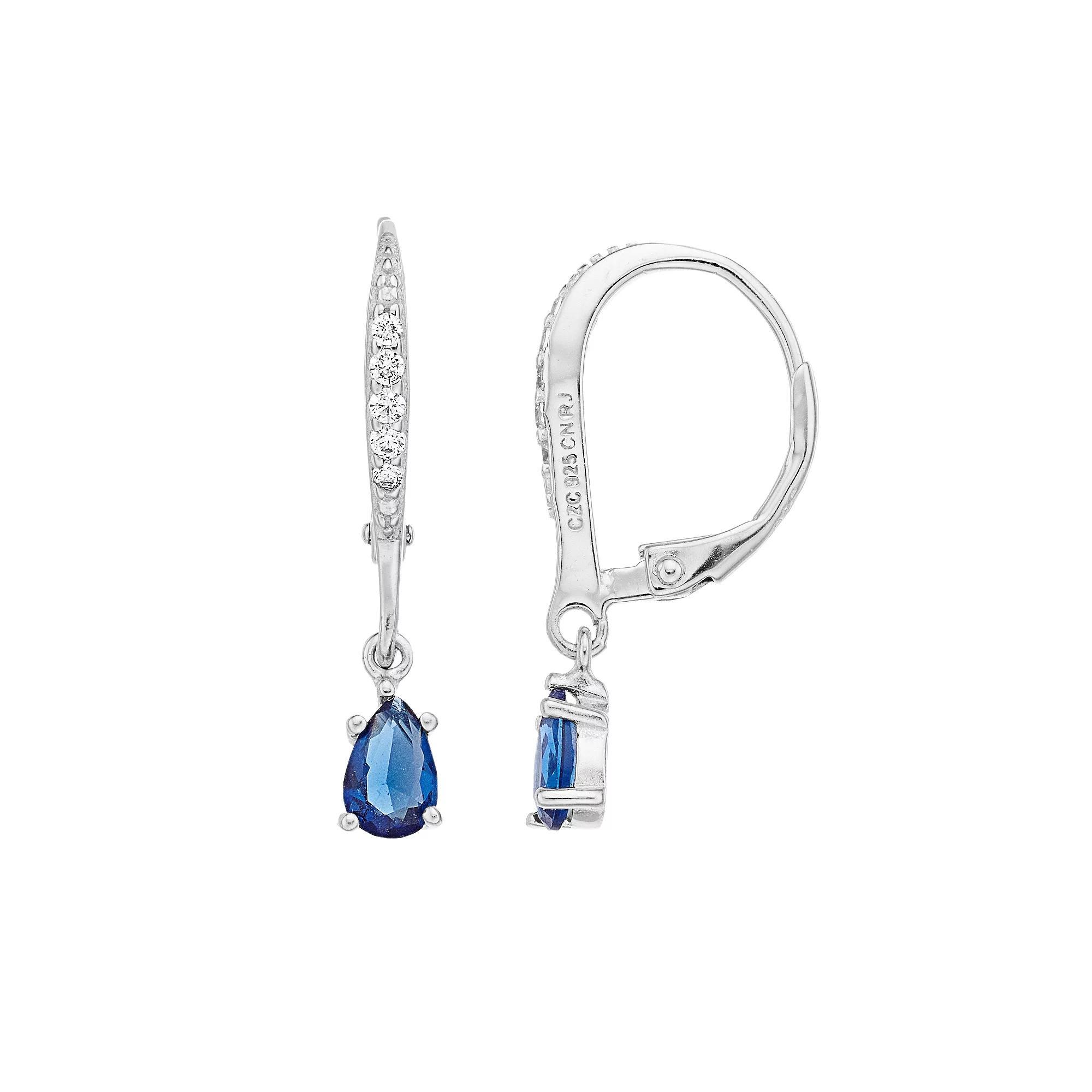 Sterling Silver Blue Cubic Zirconia Teardrop Hoop Drop Earrings, Womens Product Image