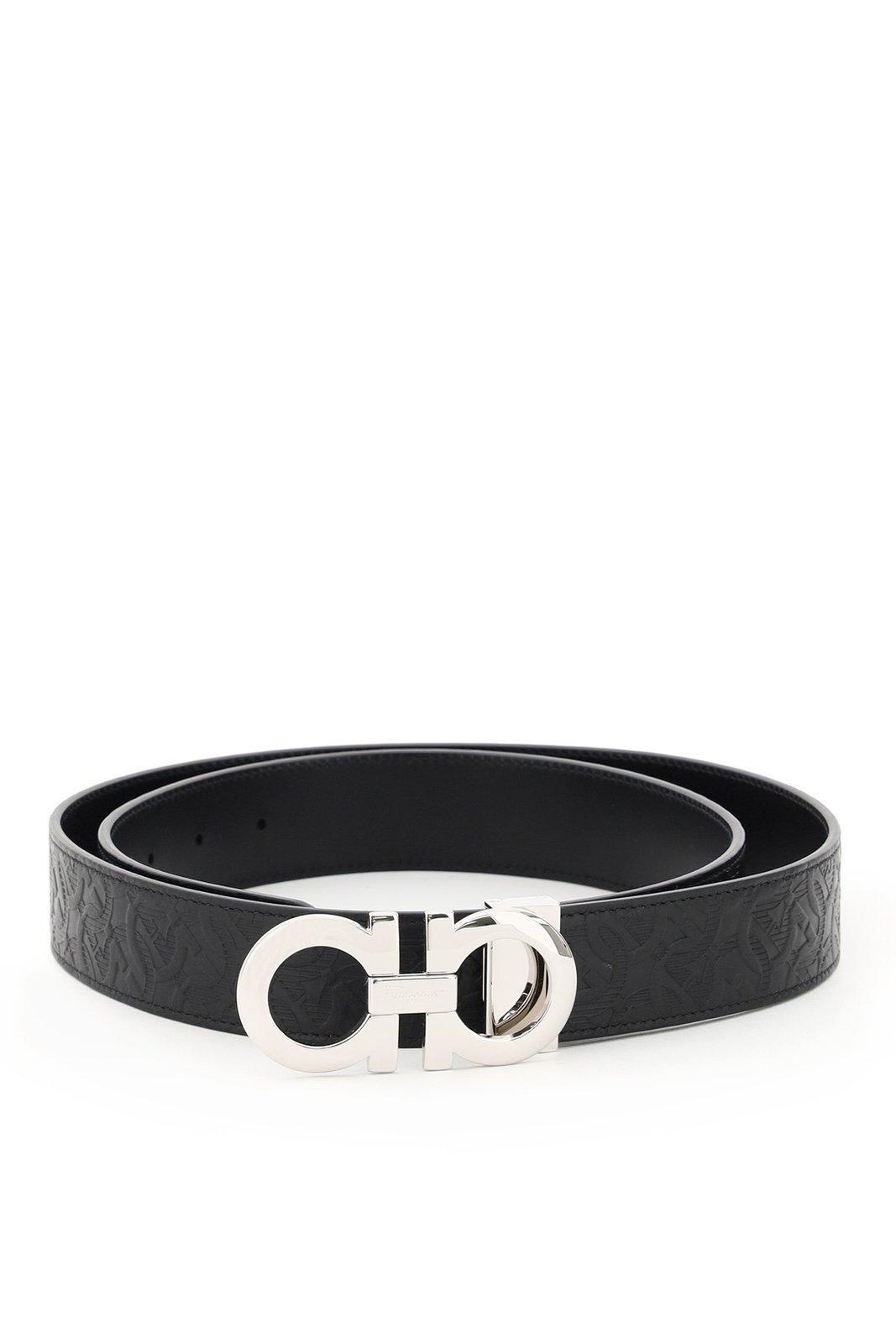 FERRAGAMO Black Gancini Reversible Embossed Leather Belt Product Image