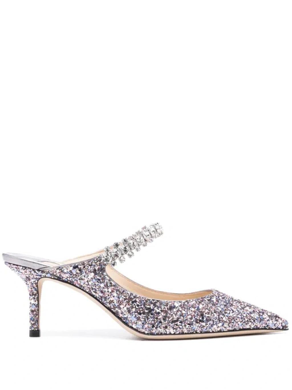 JIMMY CHOO Women's Bing 65 Crystal Strap Glitter Heel Mules In Silver Product Image