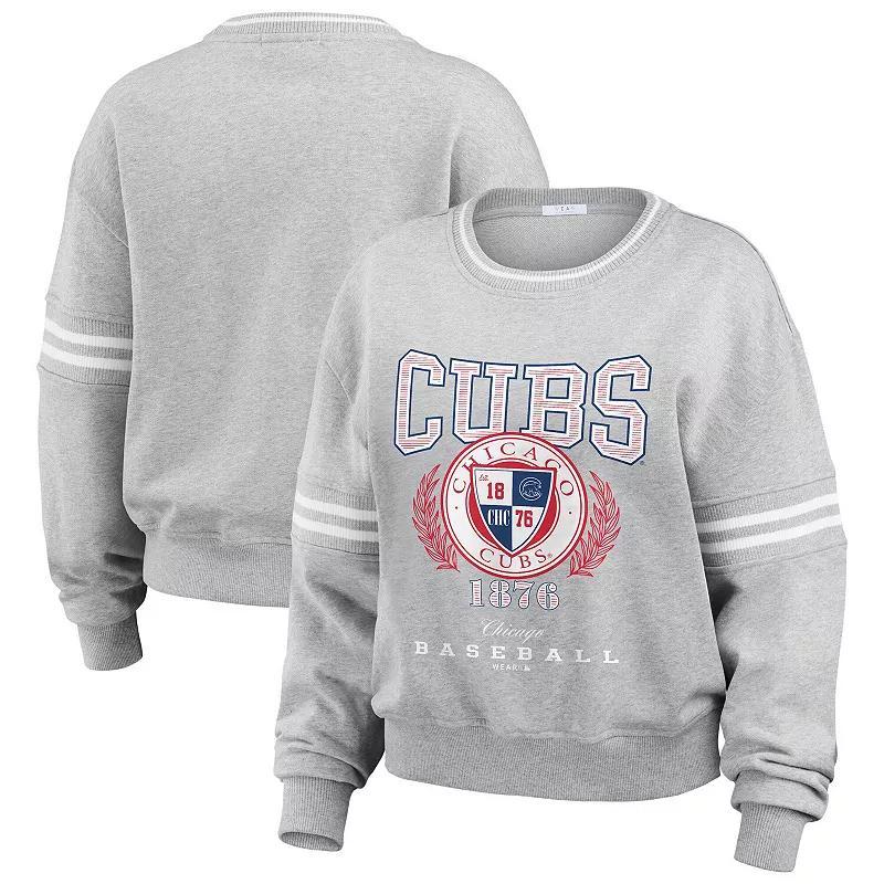 Women's WEAR by Erin Andrews Heather Gray Chicago Cubs Domestic Crest Pullover Sweatshirt, Size: Medium, Grey Product Image