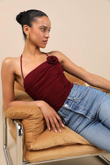 Elyas Burgundy Mesh Ruched Rosette Backless Bodysuit Product Image