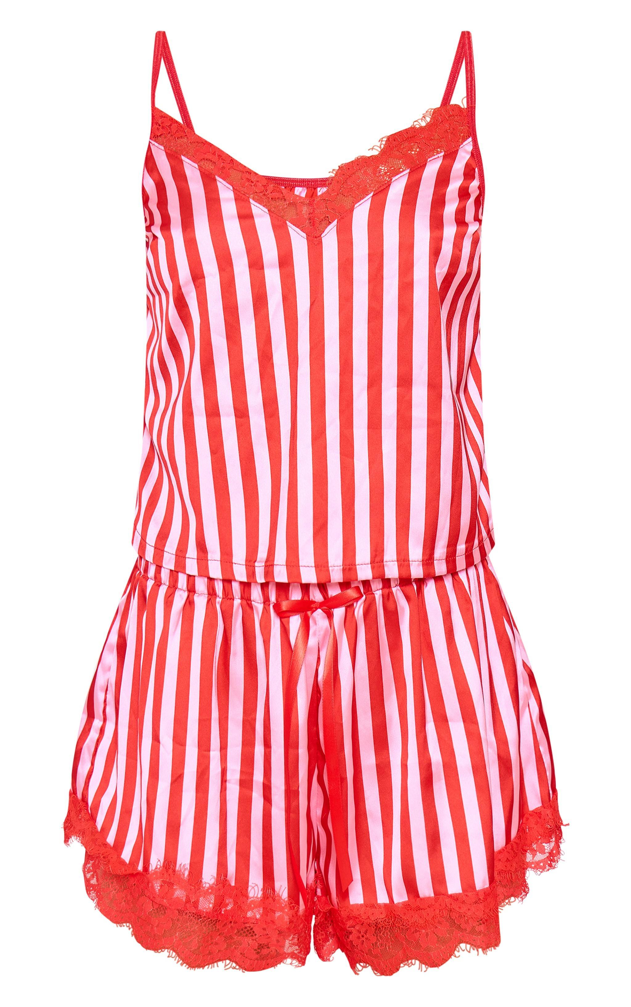 Red Stripe Contrast Lace Satin Cami Short PJ Set Product Image