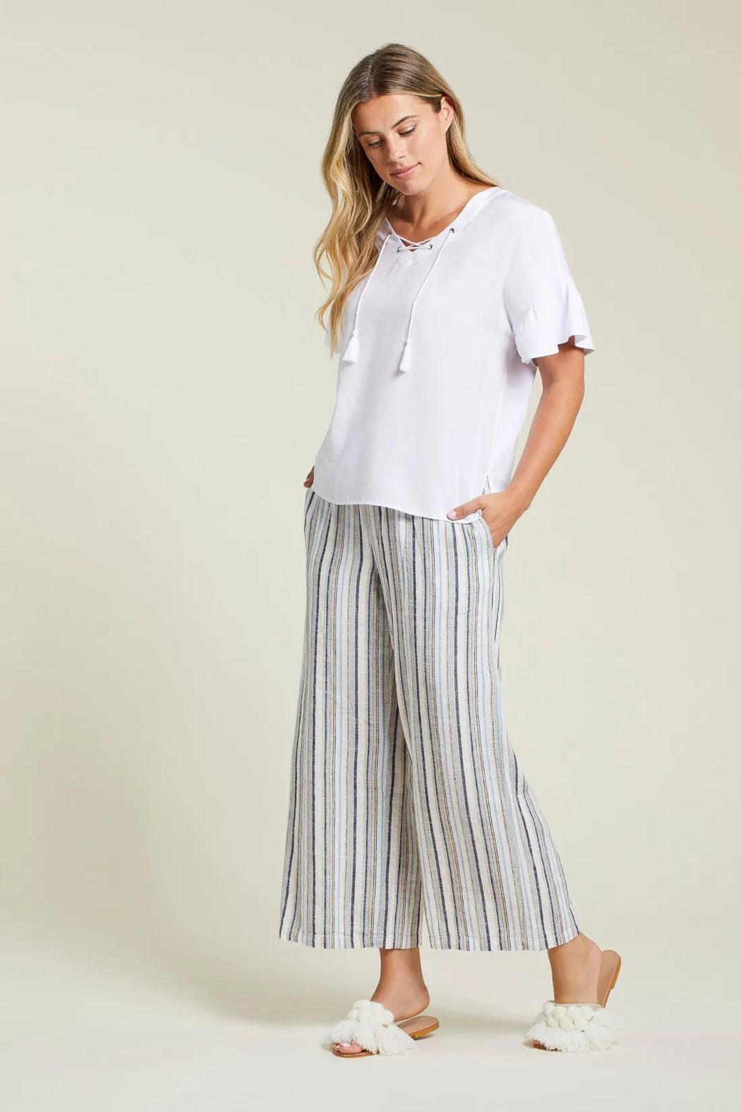 LINEN BLEND STRIPED FLOWY PANTS Product Image
