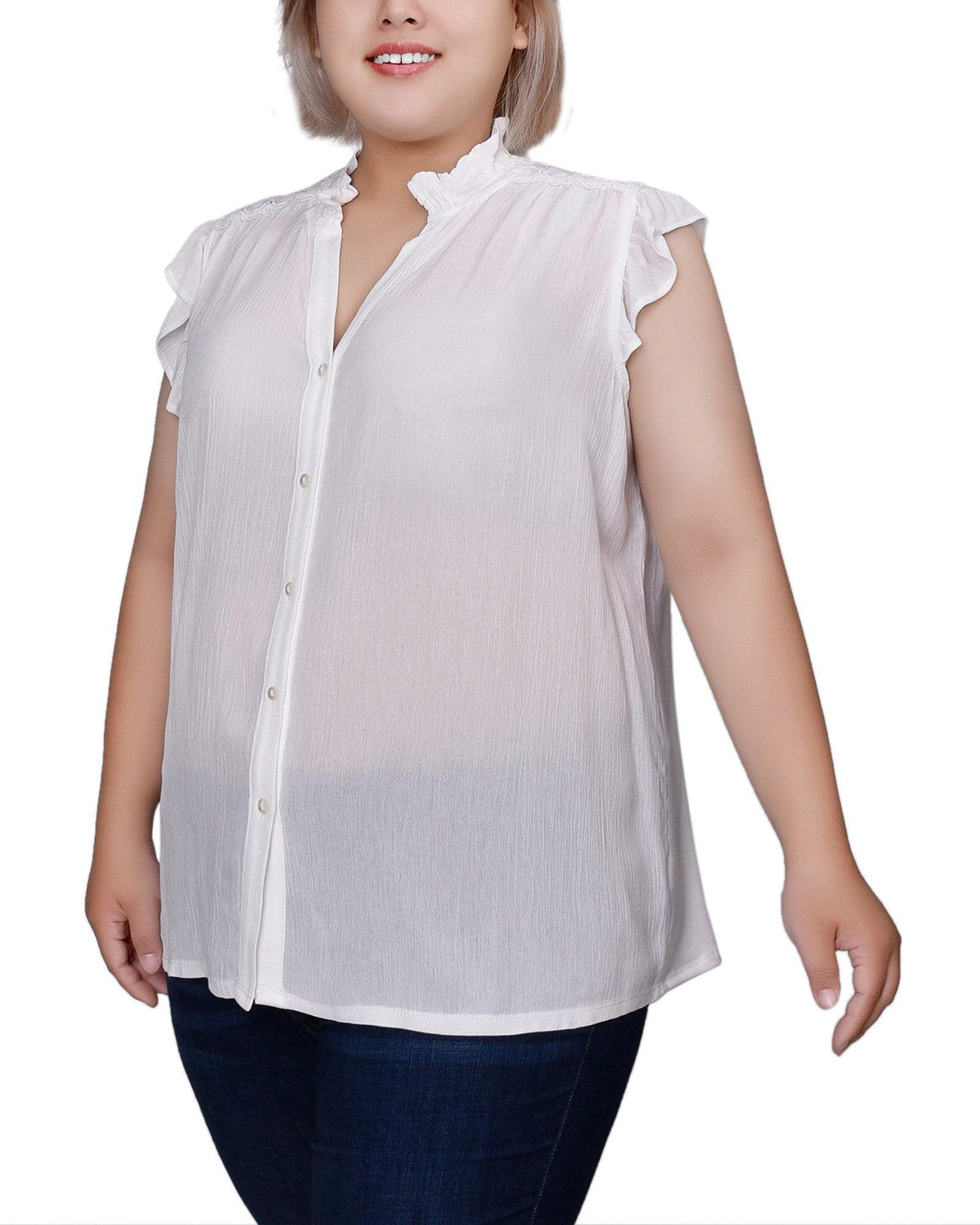White Short Flutter Sleeve Crepon Blouse - Plus Size Product Image