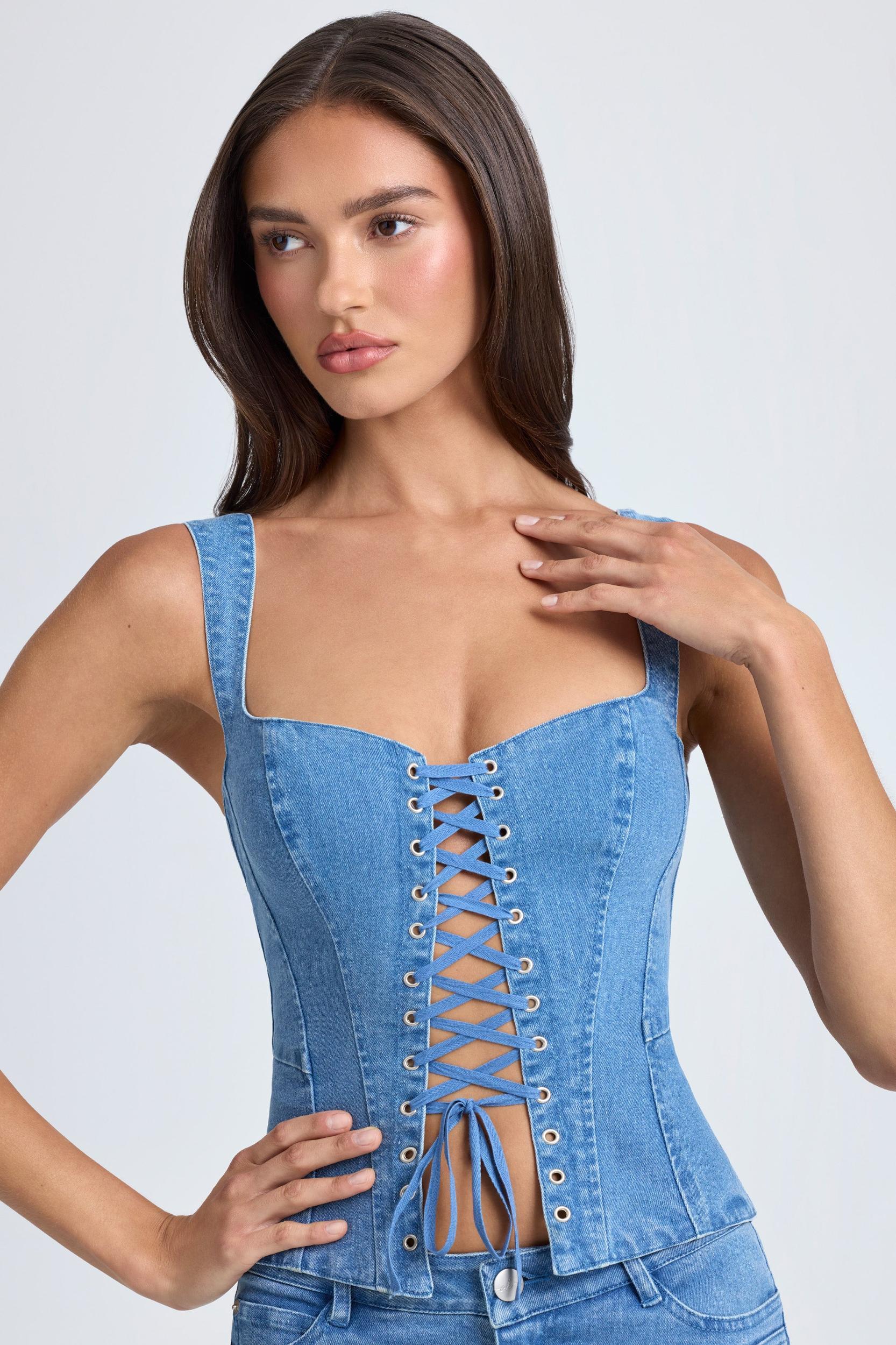 Lace-Up Corset Top in Mid Blue Stonewash Product Image