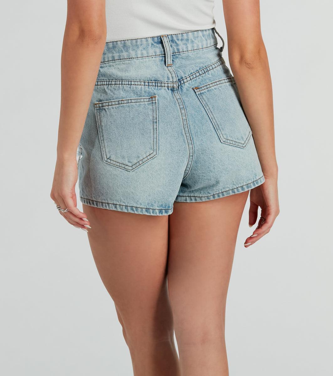 Pop Star Rhinestone High-Rise Denim Shorts Product Image