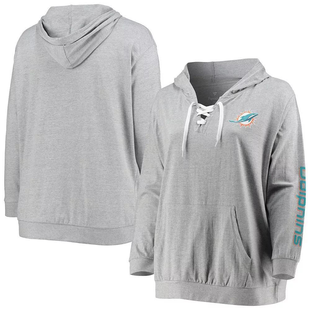 Women's Fanatics Branded Heathered Gray Miami Dolphins Plus Size Lace-Up Pullover Hoodie, Size: 4XL, Grey Product Image
