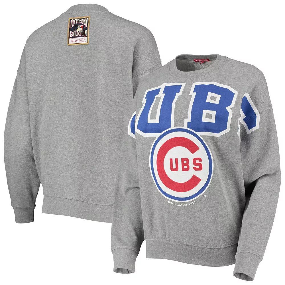 Women's Mitchell & Ness Heathered Gray Chicago Cubs Cooperstown Collection Logo Lightweight Pullover Sweatshirt,  Product Image
