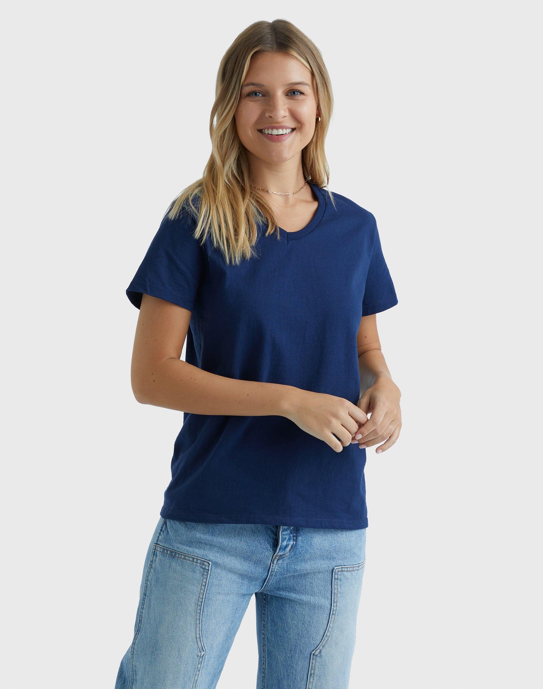 Hanes Essentials Womens Cotton V-Neck T-Shirt Deep Royal M Product Image