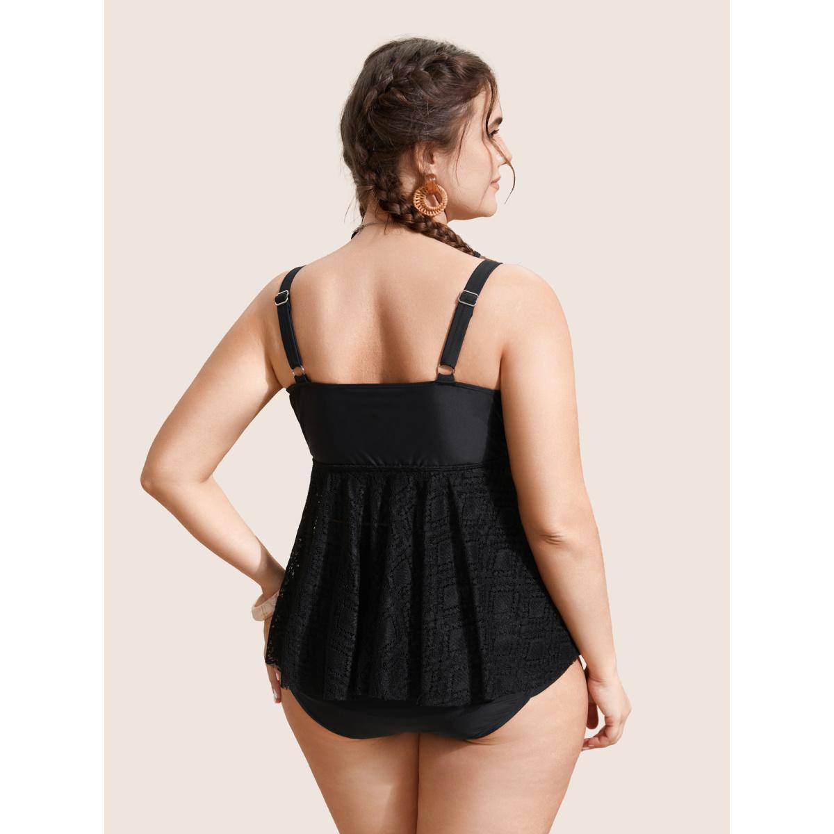 Plus Size V Neck Crochet Lace Mesh Swim Top Women's Swimwear Black Beach Texture High stretch Bodycon Overlap Collar Curve Swim Tops BloomChic 18-20/2X Product Image