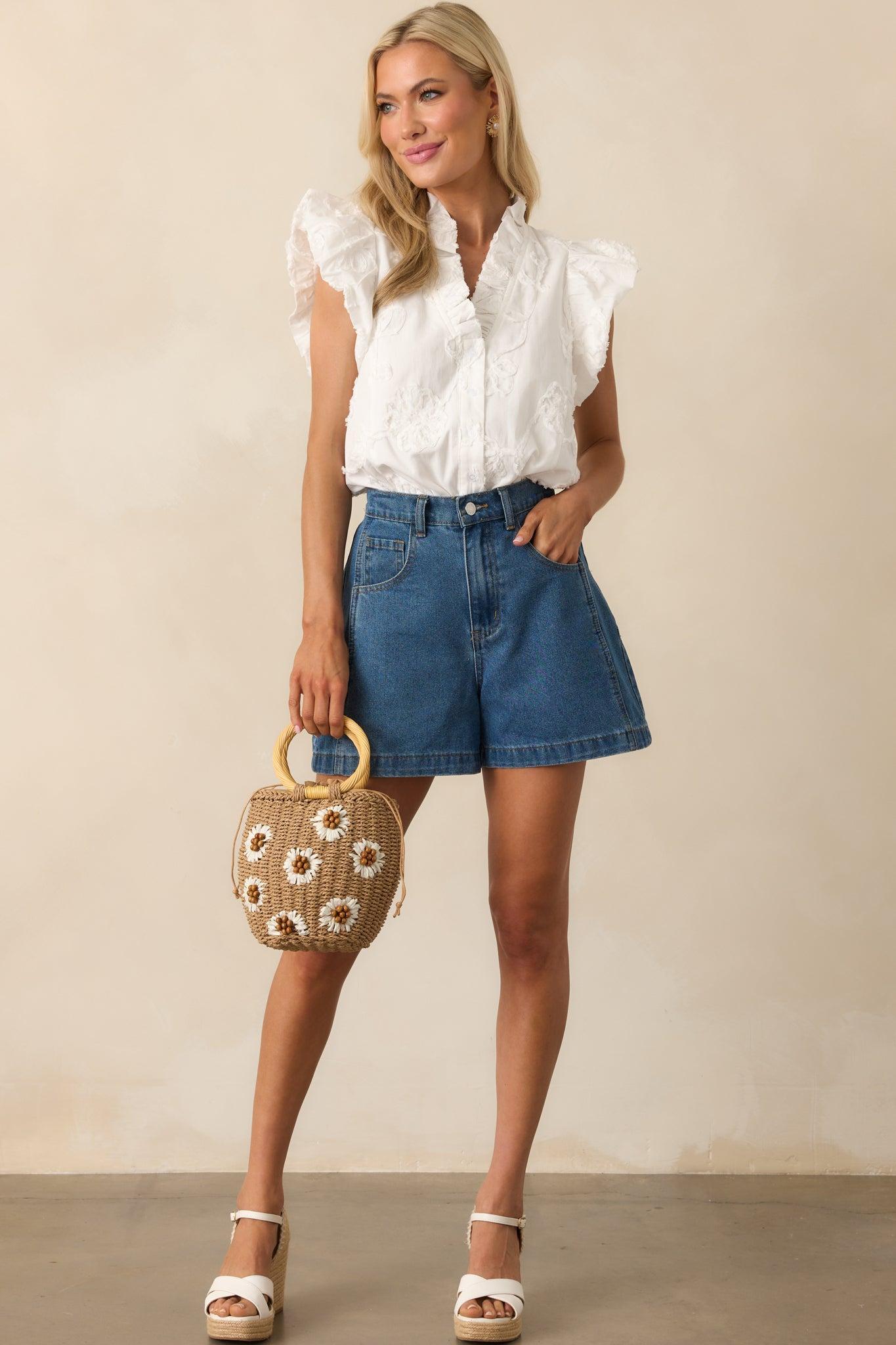 Quietly Captivating Ivory Floral Embroidered Cotton Button Front Top Product Image