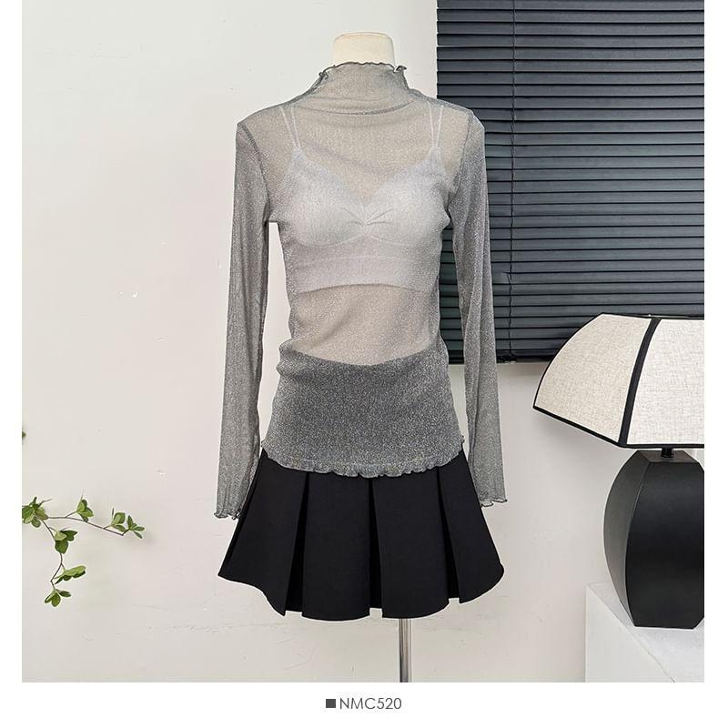 Glitter Mock-Neck Sheer Mesh Top in 9 Colors Product Image