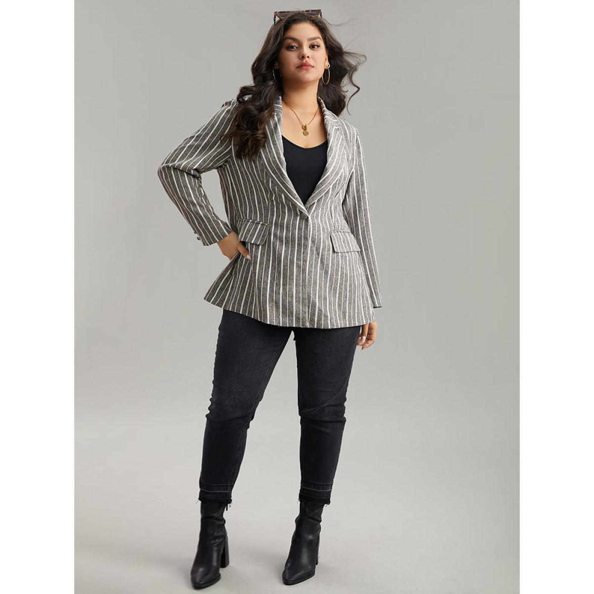 Plus Size Striped Suit Collar Button Up Blazer DimGray Women Dailywear Striped Contrast Sleeve Long Sleeve Suit Collar 10/M Pocket Casual Blazers BloomChic Product Image