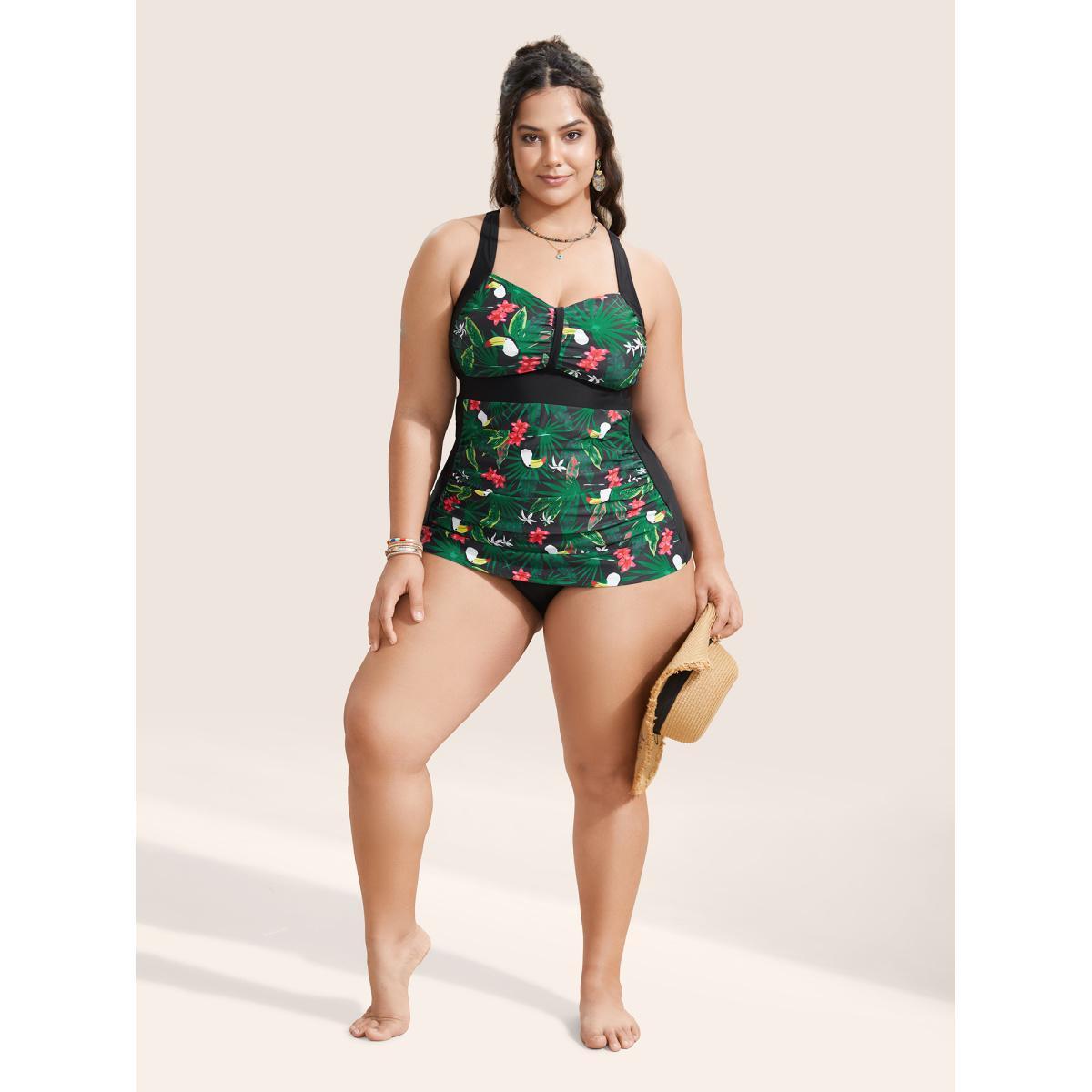 Plus Size Tropical Print Patchwork Gathered Swim Top Women's Swimwear Black Beach Gathered High stretch Skinny Heart neckline Curve Swim Tops BloomChic 14-16/1X Product Image