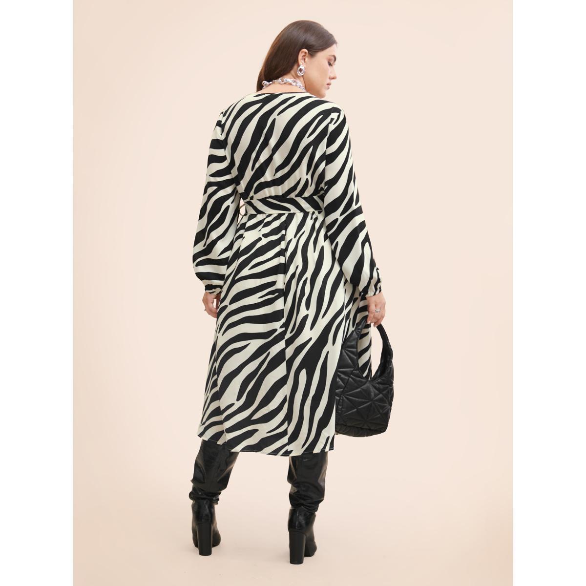 Plus Size Zebra Print Overlap Collar Split Hem Dress Black Women At the Office Belted Overlap Collar Long Sleeve Curvy BloomChic 28/5X Product Image