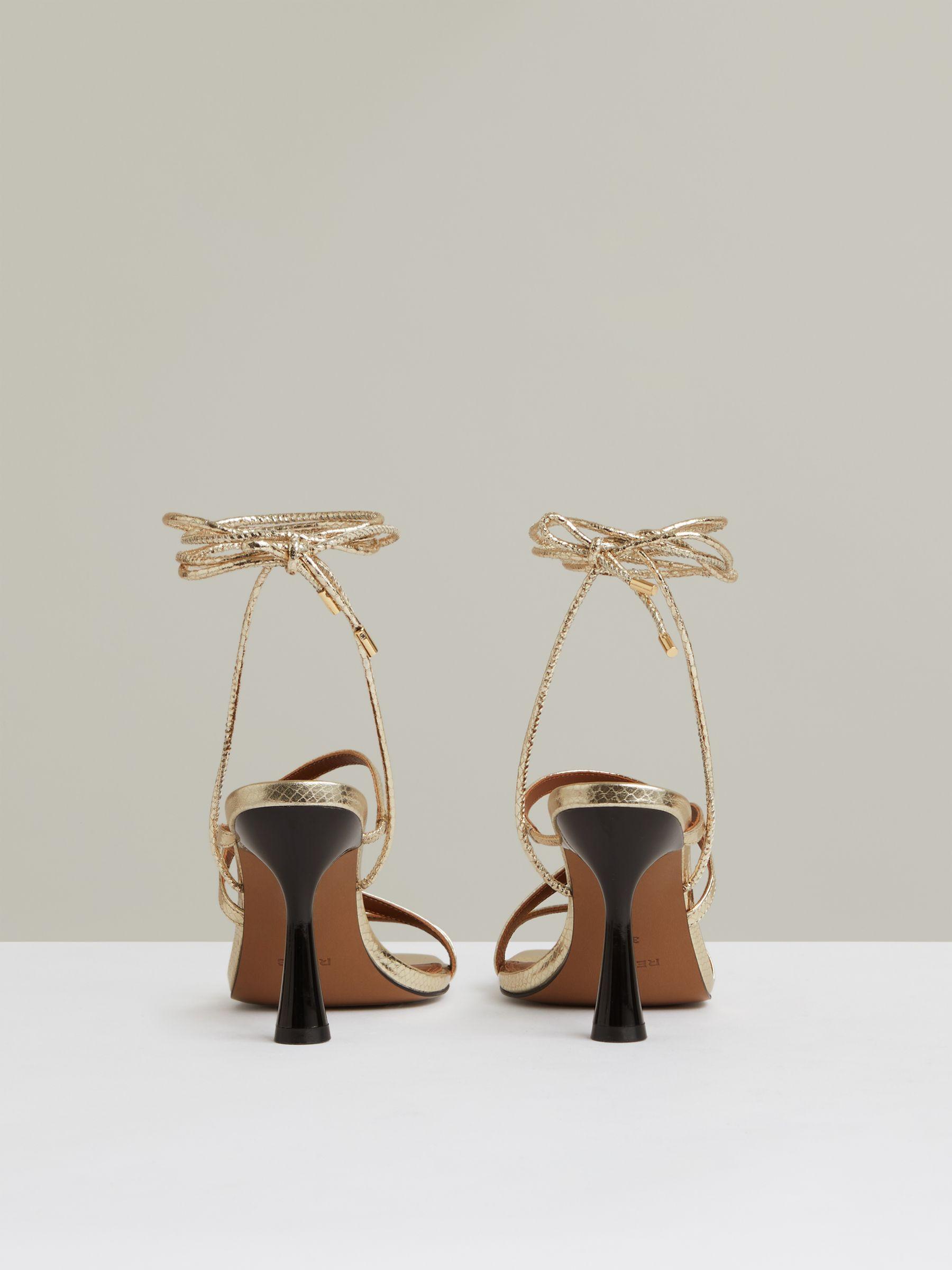 Leather Metallic Strappy Heeled Sandals in Gold Product Image