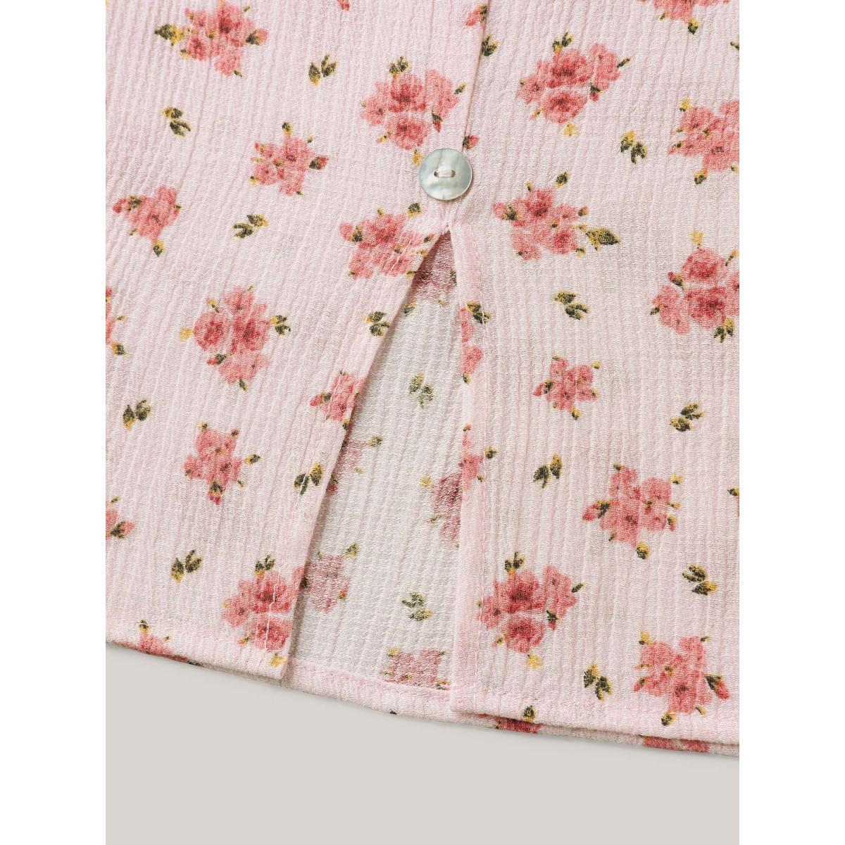 Plus Size Lightpink Blushing Floral Print Button Detail Blouse Women Short sleeve Round Neck Elegant Blouses BloomChic 14-16/1X Product Image