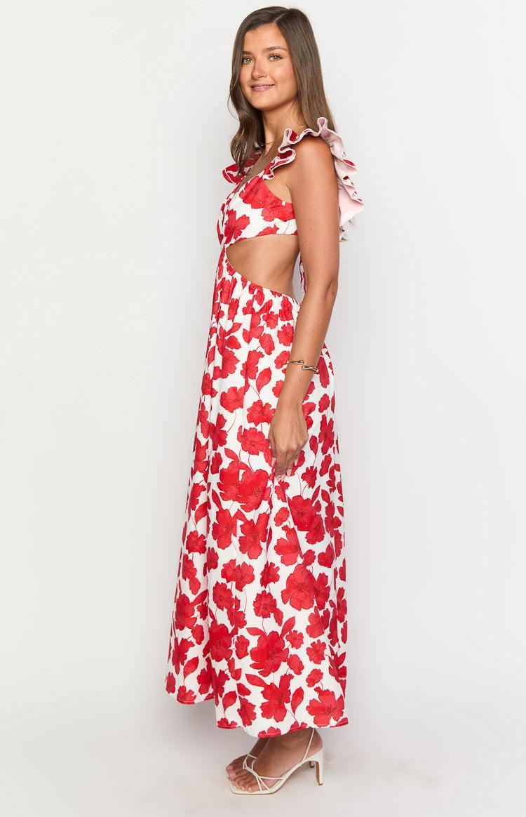 Kaden Red Anemone Floral Print Maxi Dress Product Image