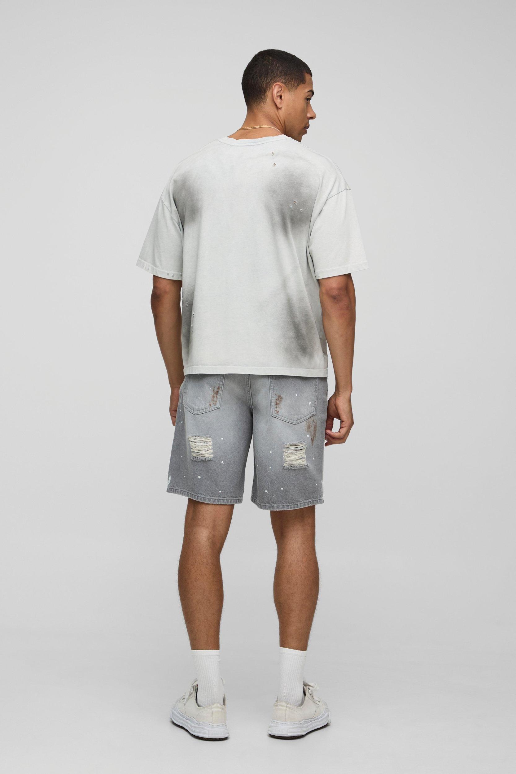 Relaxed Ripped Paint Splatter Rigid Denim Shorts In Grey | boohooMAN USA Product Image