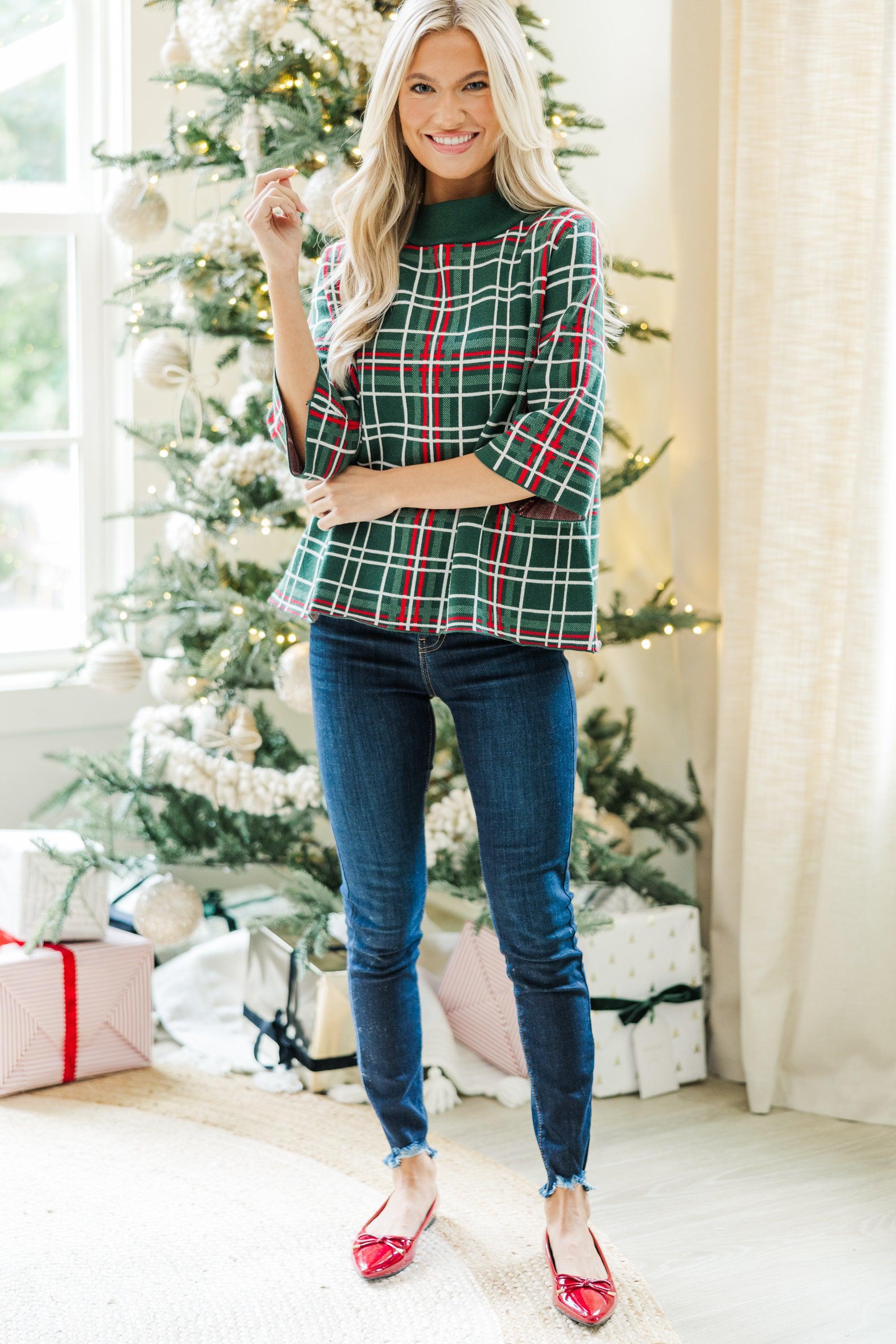 Just A Feeling Emerald Plaid Mock Neck Sweater Female Product Image