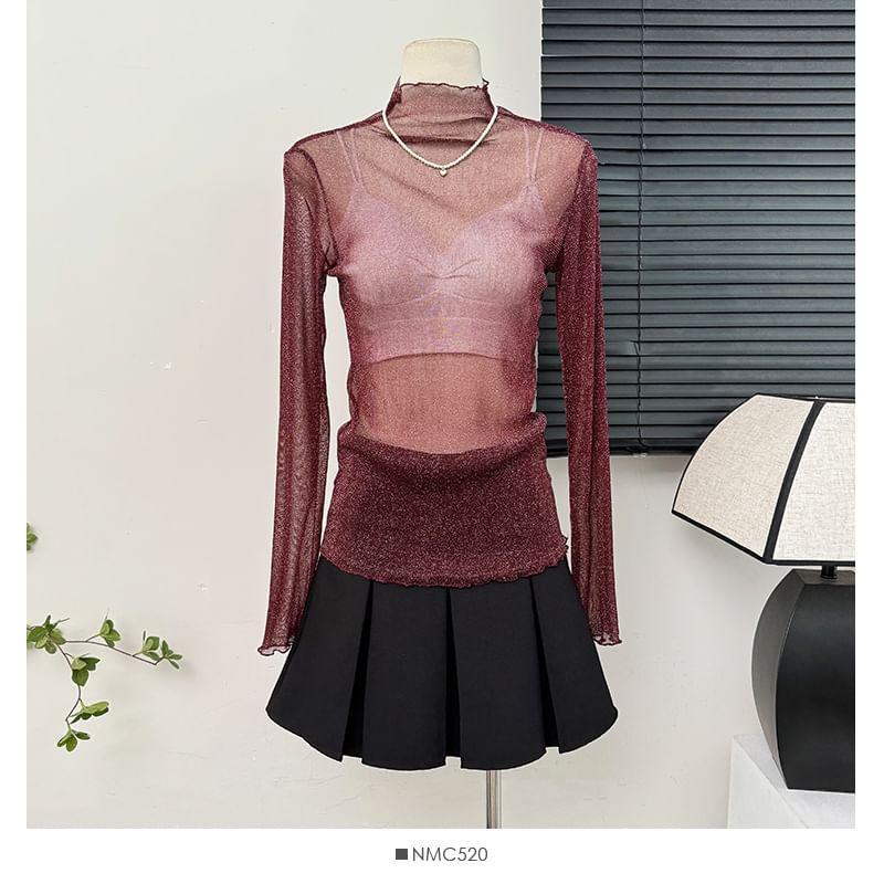 Glitter Mock-Neck Sheer Mesh Top in 9 Colors Product Image