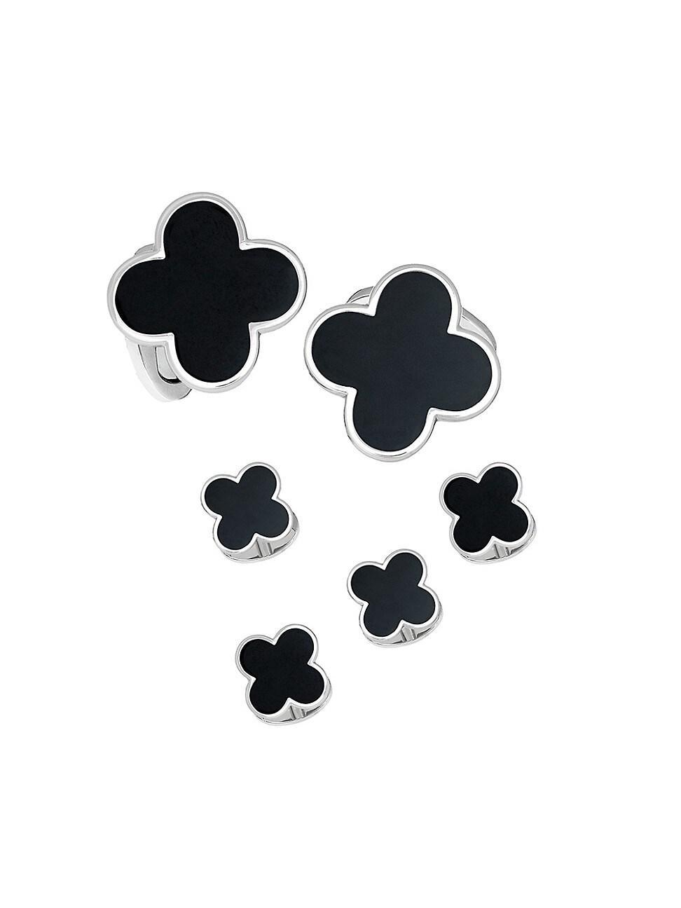 Mens Clover Rhodium-Plated Black Onyx 6-Piece Cufflinks & Shirt Stud Set Product Image