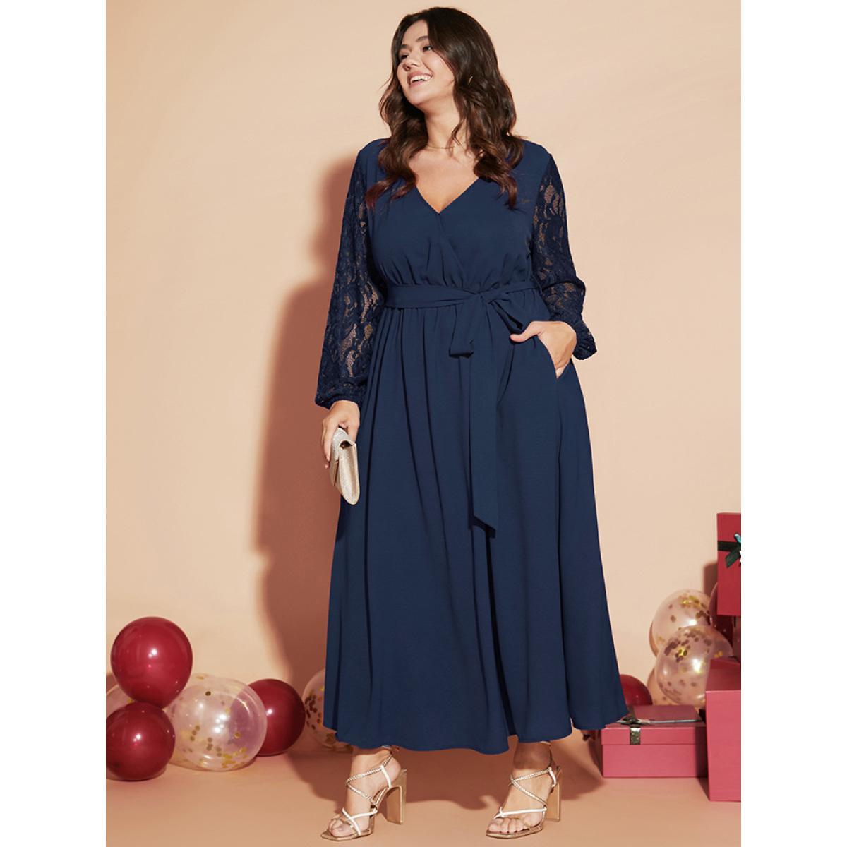 Plus Size Solid Wrap Pocket Lantern Sleeve Lace Belted Maxi Dress DarkBlue Women Elegant V-neck Long Sleeve Curvy Long Dress BloomChic 26/4X Product Image