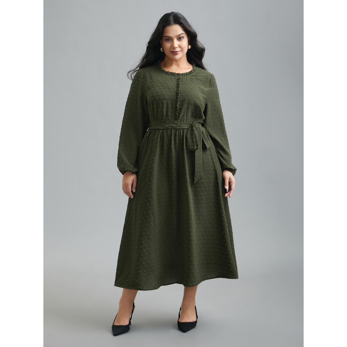 Plus Size Textured Waist-Tie Ruffled Edges Dress ArmyGreen Women Elegant Texture Round Neck Long Sleeve Curvy BloomChic 22-24/3X Product Image