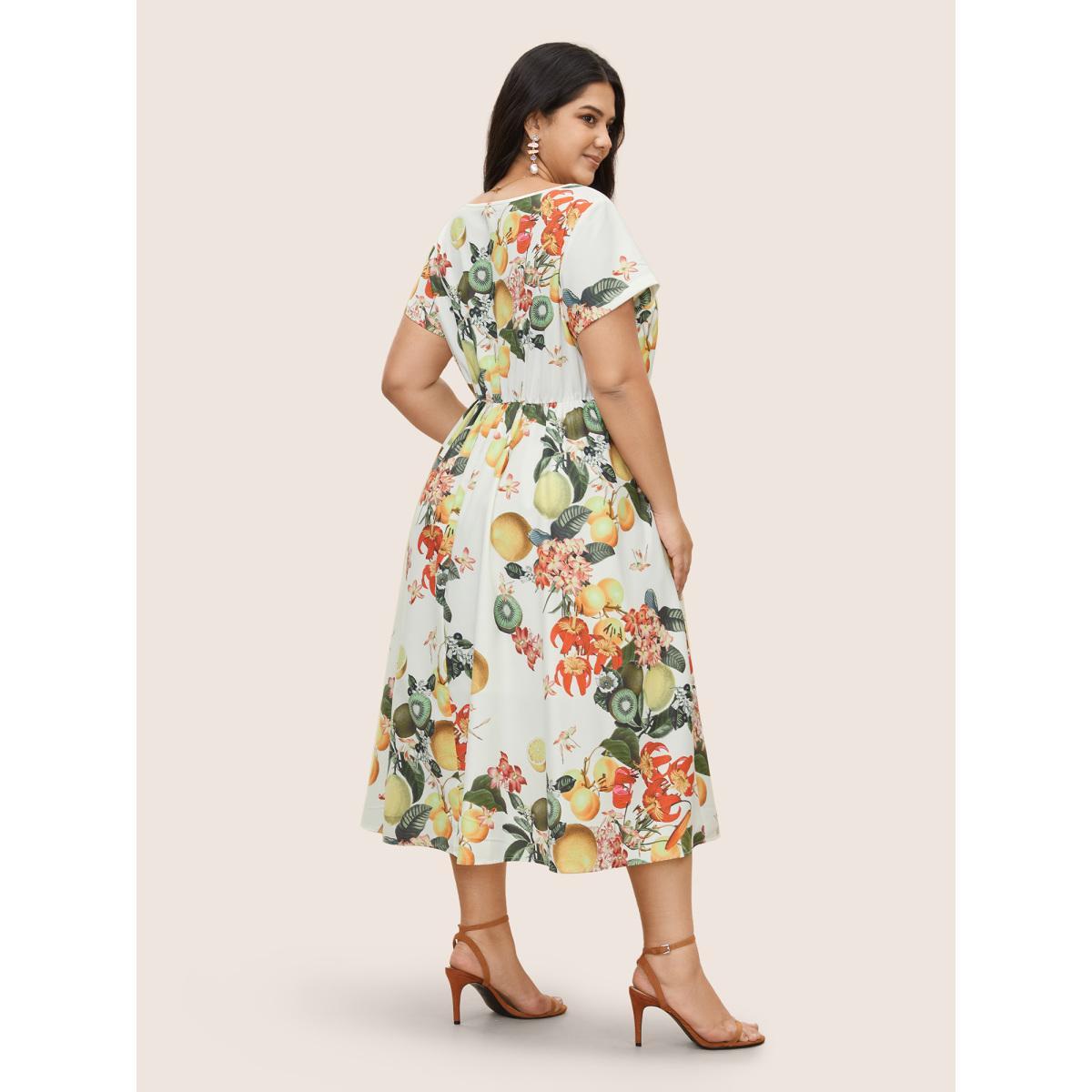 Plus Size Citrus Square Neck Fruit Print Button Detail Dress Multicolor Women Elegant Button Square Neck Short sleeve Curvy Midi Dress BloomChic 26/4X Product Image