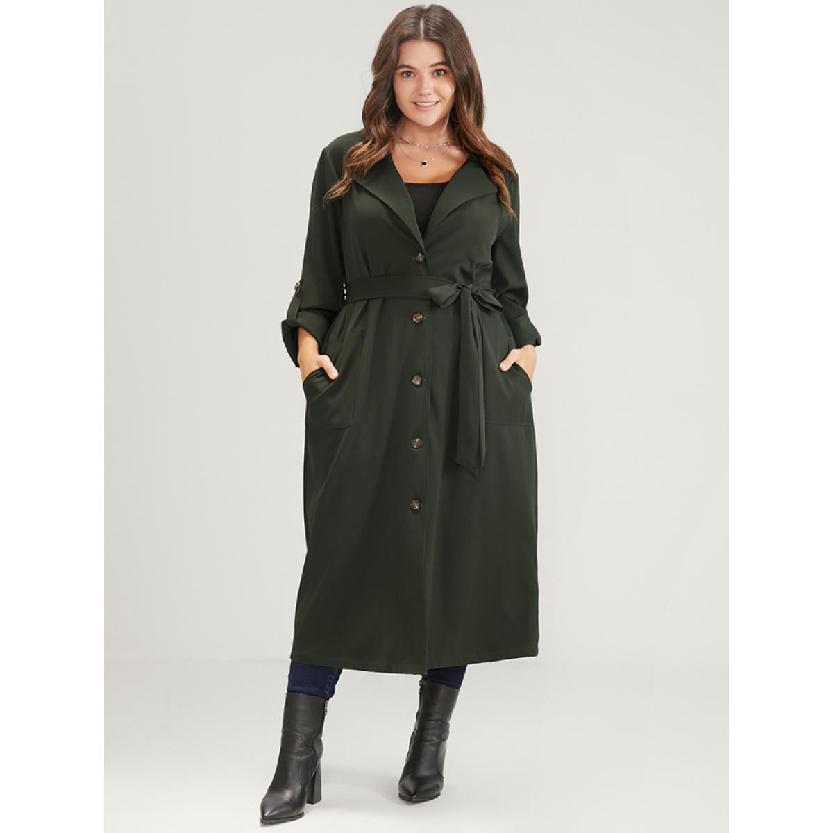 Plus Size Solid Cuffed Sleeve Belted Pocket Button Up Trench Coat Women ArmyGreen Casual Plain Ladies Dailywear Winter Coats BloomChic 22-24/3X Product Image