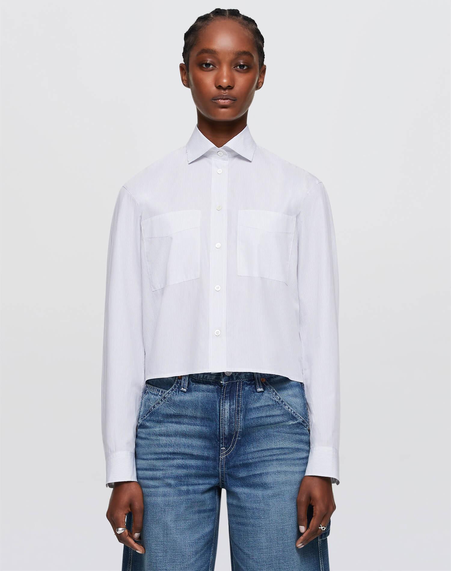 Cropped Oversized Button Up - White/Black Female Product Image