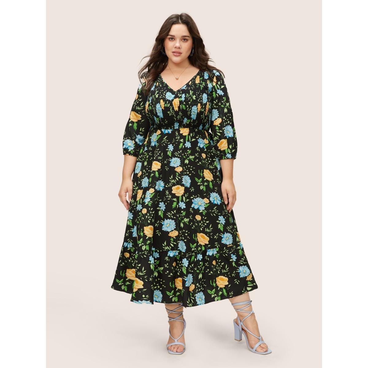 Plus Size Floral Print Shirred Pocket V Neck Dress Black Women Elegant Non V-neck Elbow-length sleeve Curvy Midi Dress BloomChic 10/M Product Image