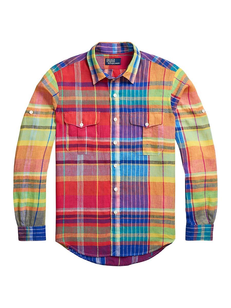 Mens Classic-Fit Plaid Linen Workshirt Product Image