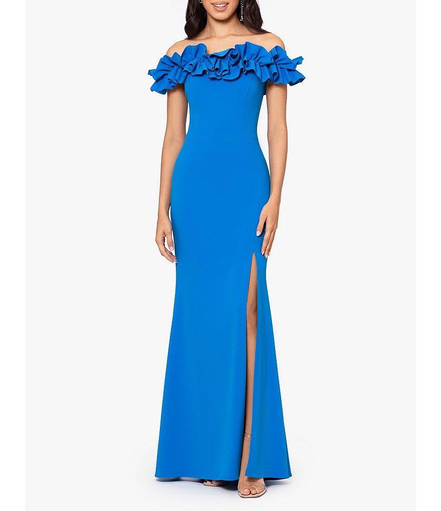 Xscape Off-the-Shoulder Cap Sleeve Ruffled Thigh High Slit Crepe Gown Product Image