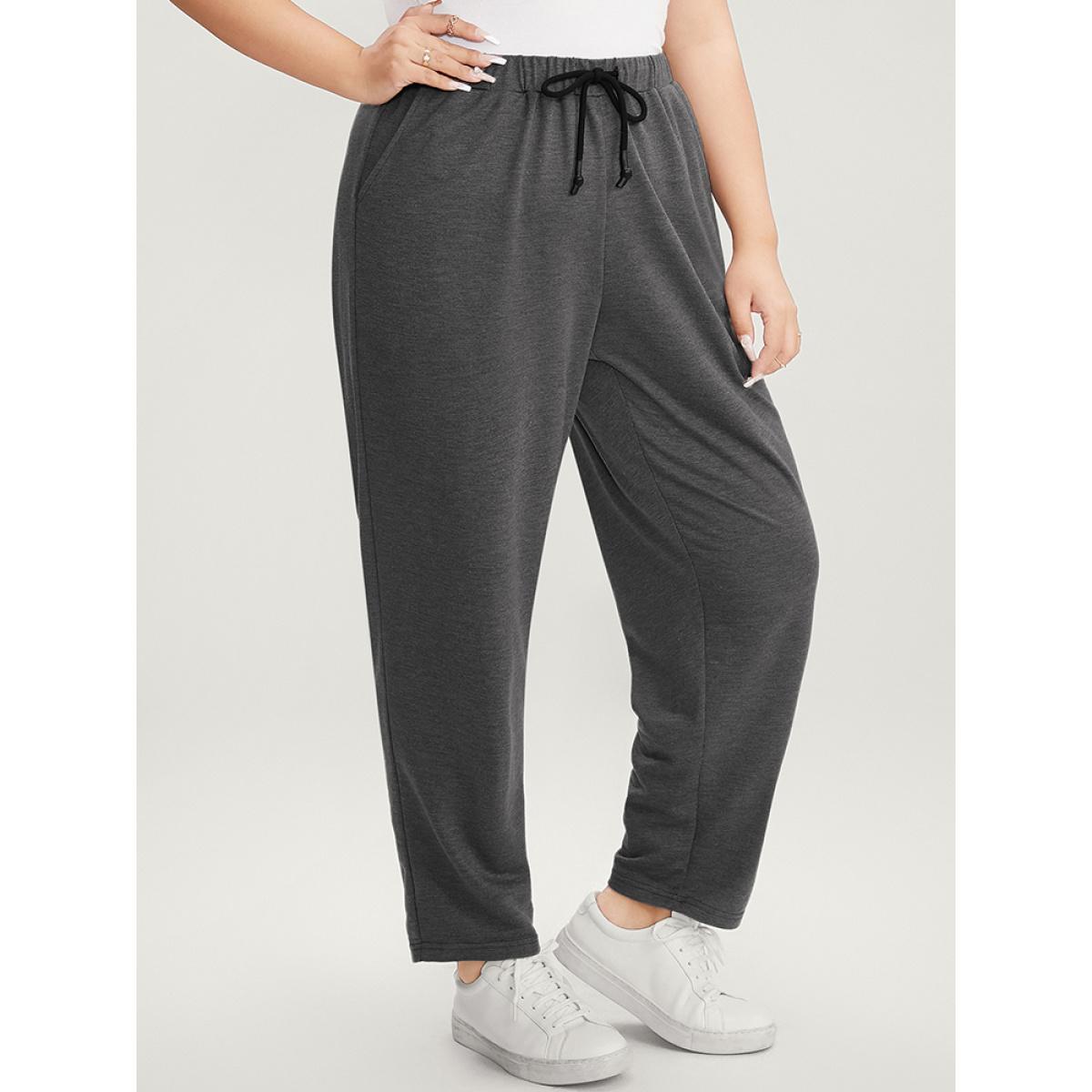 Plus Size Plain Pocket Elastic Waist Ties Front Pants Women Gray Casual Loose High Rise Dailywear Pants BloomChic 12/L Product Image