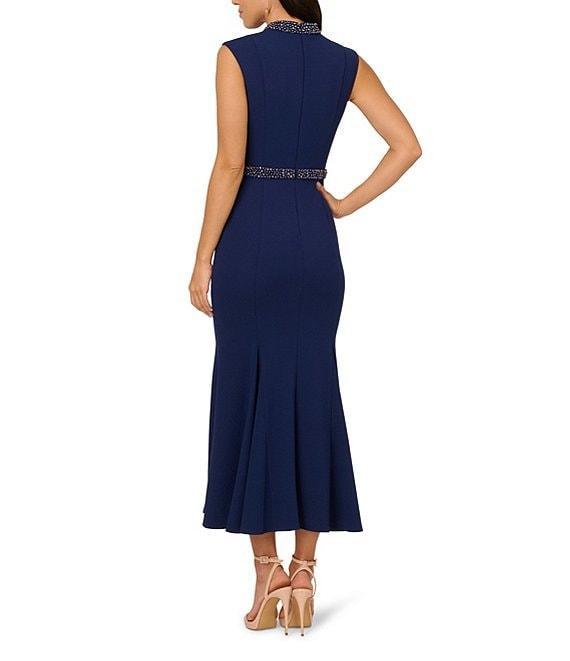 Adrianna Papell Mock Neck Pearl Trim Sleeveless Crepe Sheath Godet Hem Midi Dress Product Image