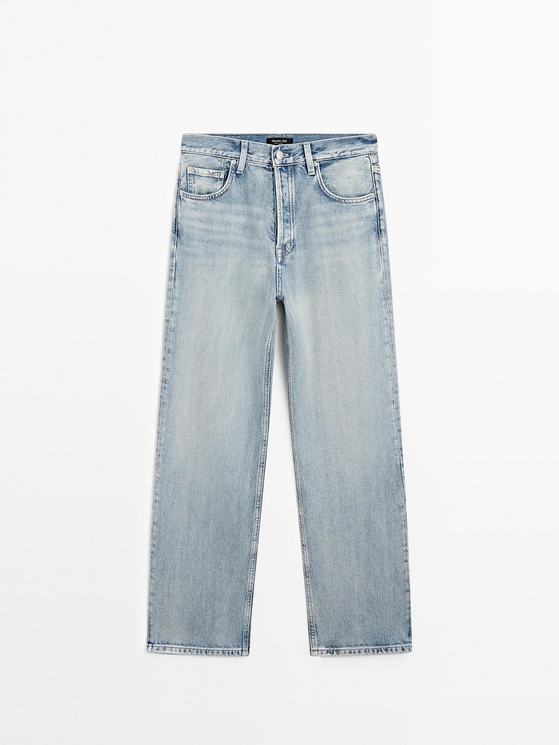 Cotton blend high-waist straight-leg jeans Product Image