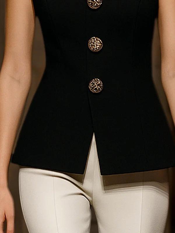 Sleeveless Buttoned Solid Color Round-Neck Vest Top Product Image