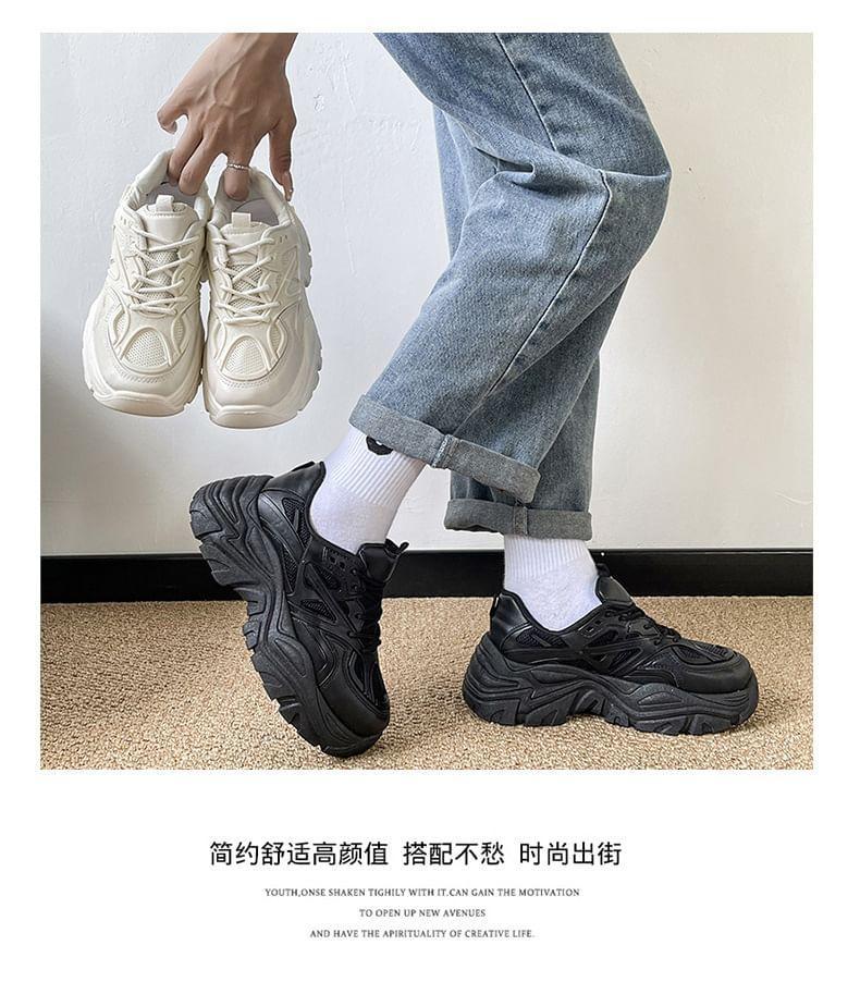 Plain Mesh Panel Lace-Up Platform Sneakers Product Image