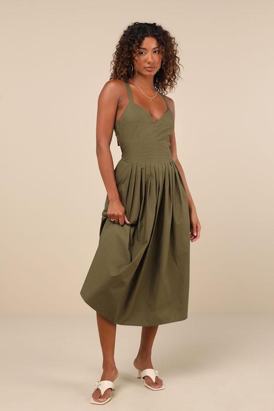 Strolling Sicily Olive Pleated Backless Midi Dress With Pockets Product Image