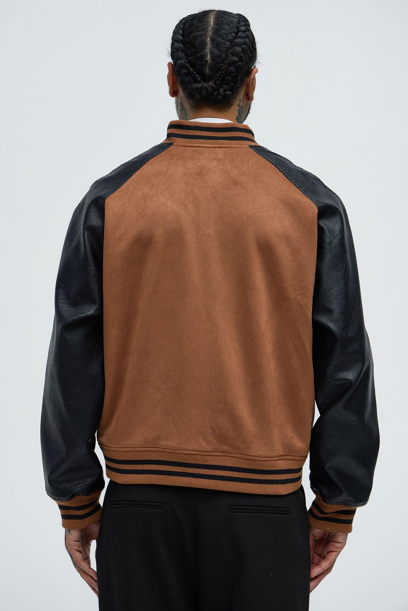 Faux Suede Raglan Varsity Jacket - Camel/combo Product Image