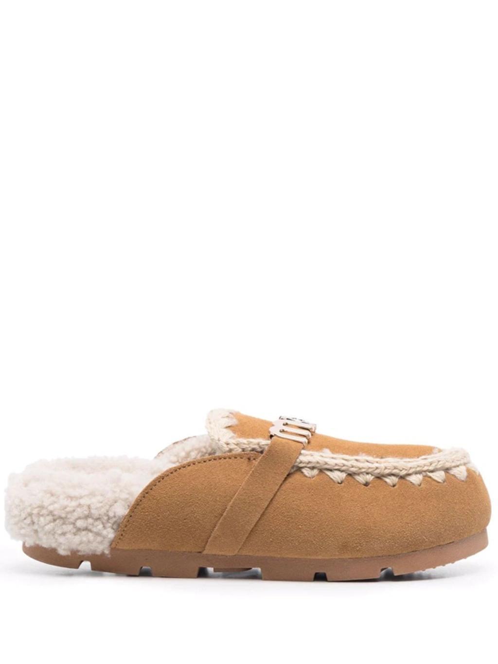 MOU Logo-plaque Shearling Mules In Brown Product Image