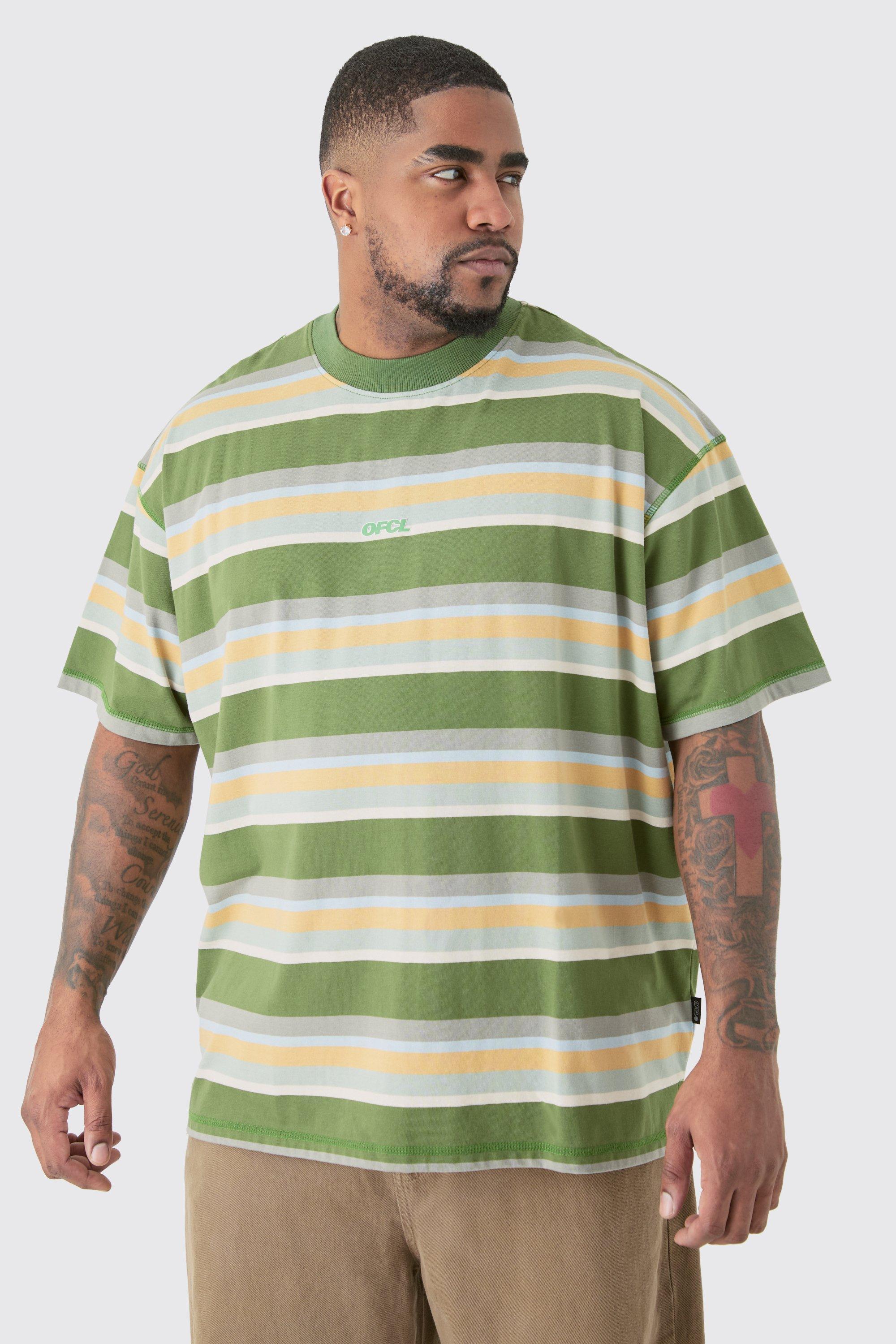 Mens Green Plus Oversized Carded Heavy Striped Ofcl T-shirt, Green Product Image