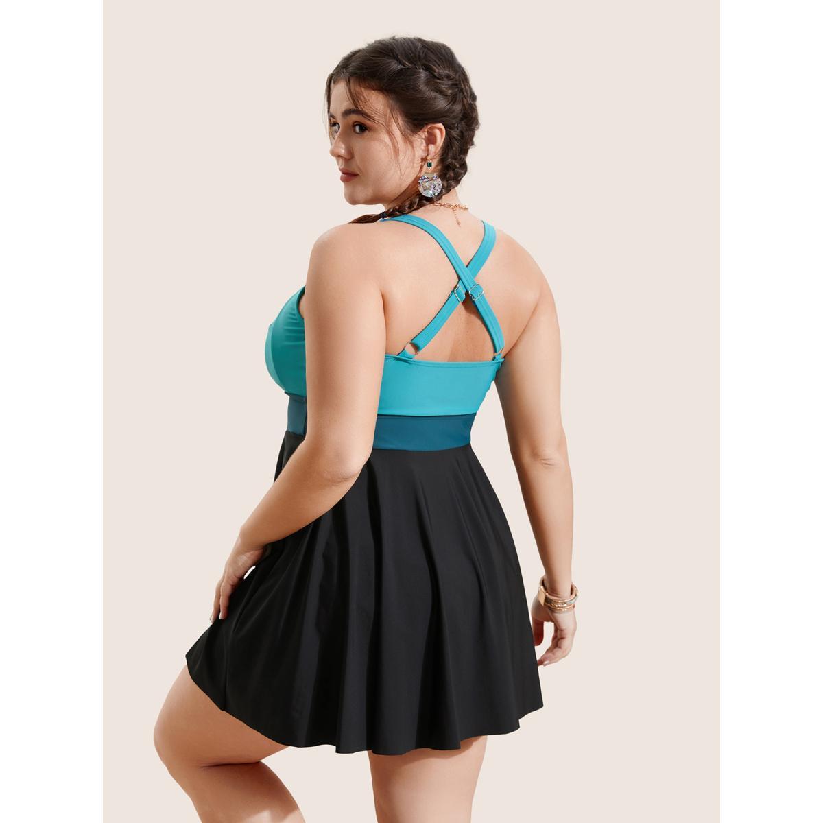 Plus Size Crossover Patchwork Heart Neckline Swim Dress Women's Swimwear Teal Beach Bodycon Heart neckline High stretch Curve Swim Dresses BloomChic 26/4X Product Image
