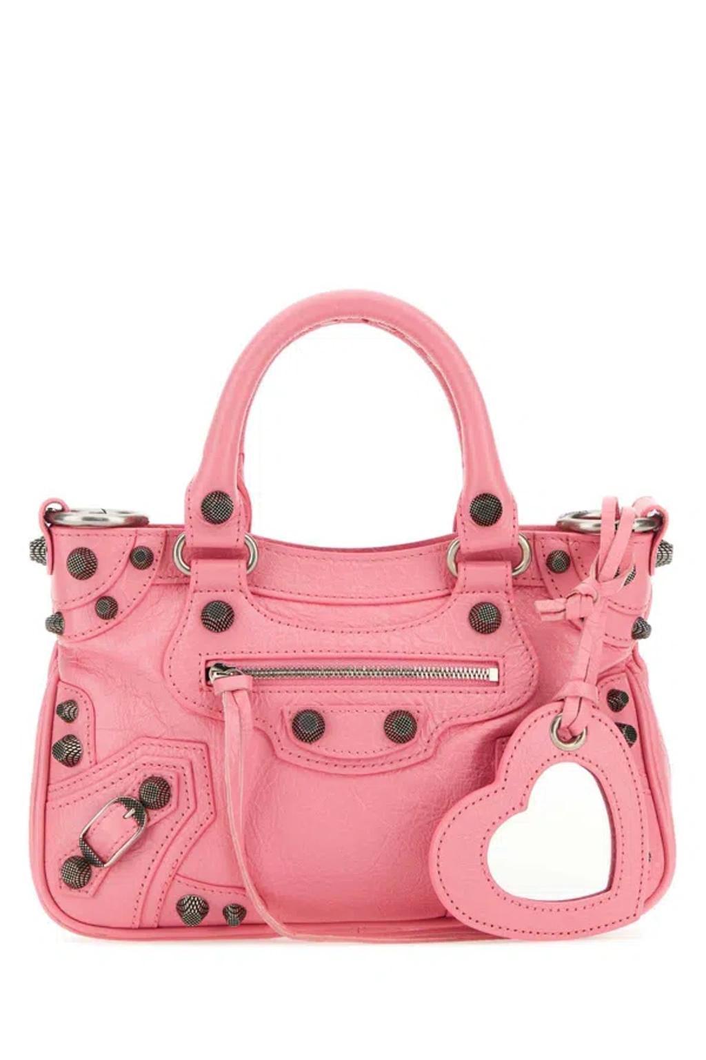 BALENCIAGA Mini Leather Handbag With Antiqued Silver Finishing In Pink Product Image