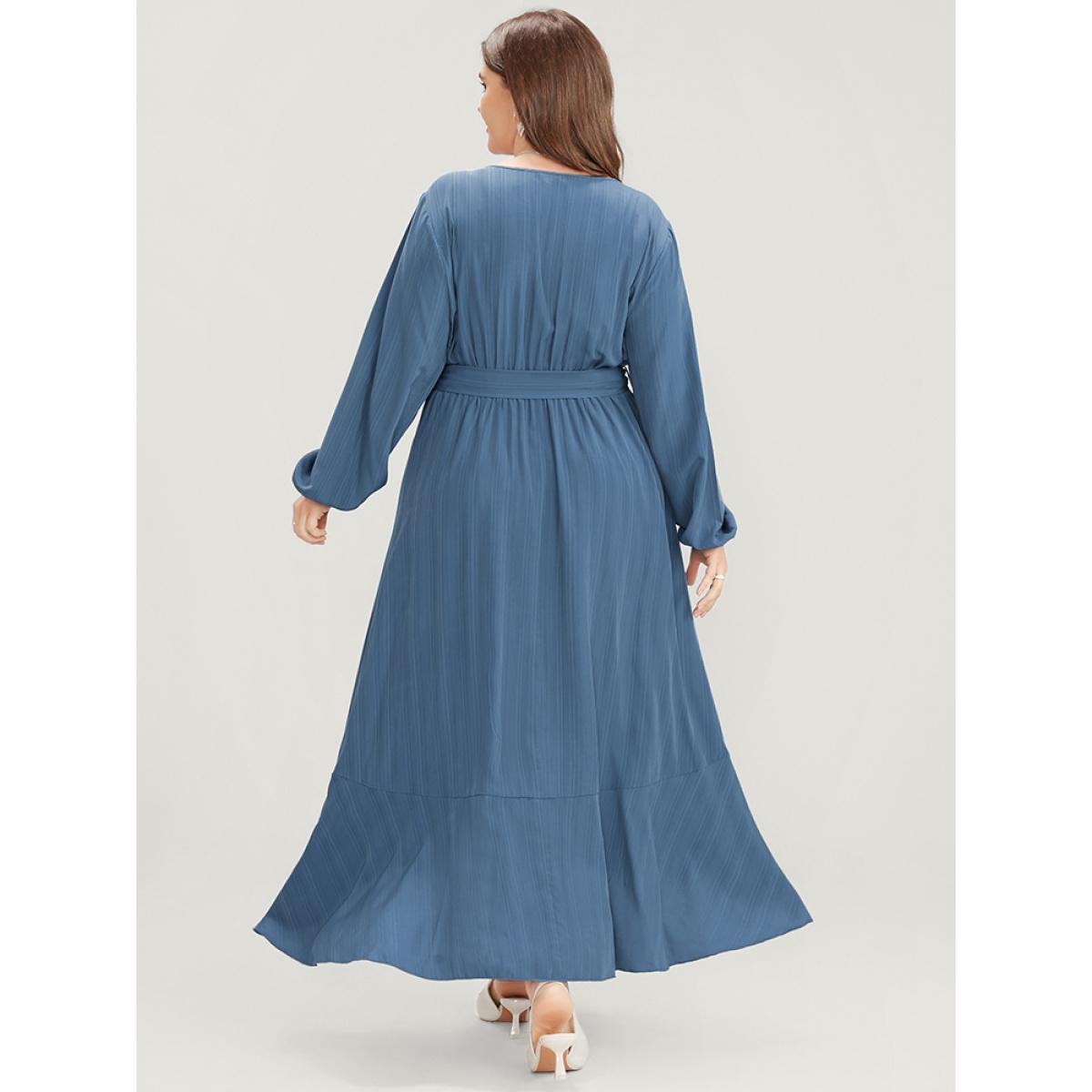 Plus Size Solid Surplice Neck Lantern Sleeve Pocket Belted Asymmetrical Hem Dress Cerulean Women Elegant Asymmetrical V-neck Long Sleeve Curvy Midi Dress BloomChic 30/6X Product Image