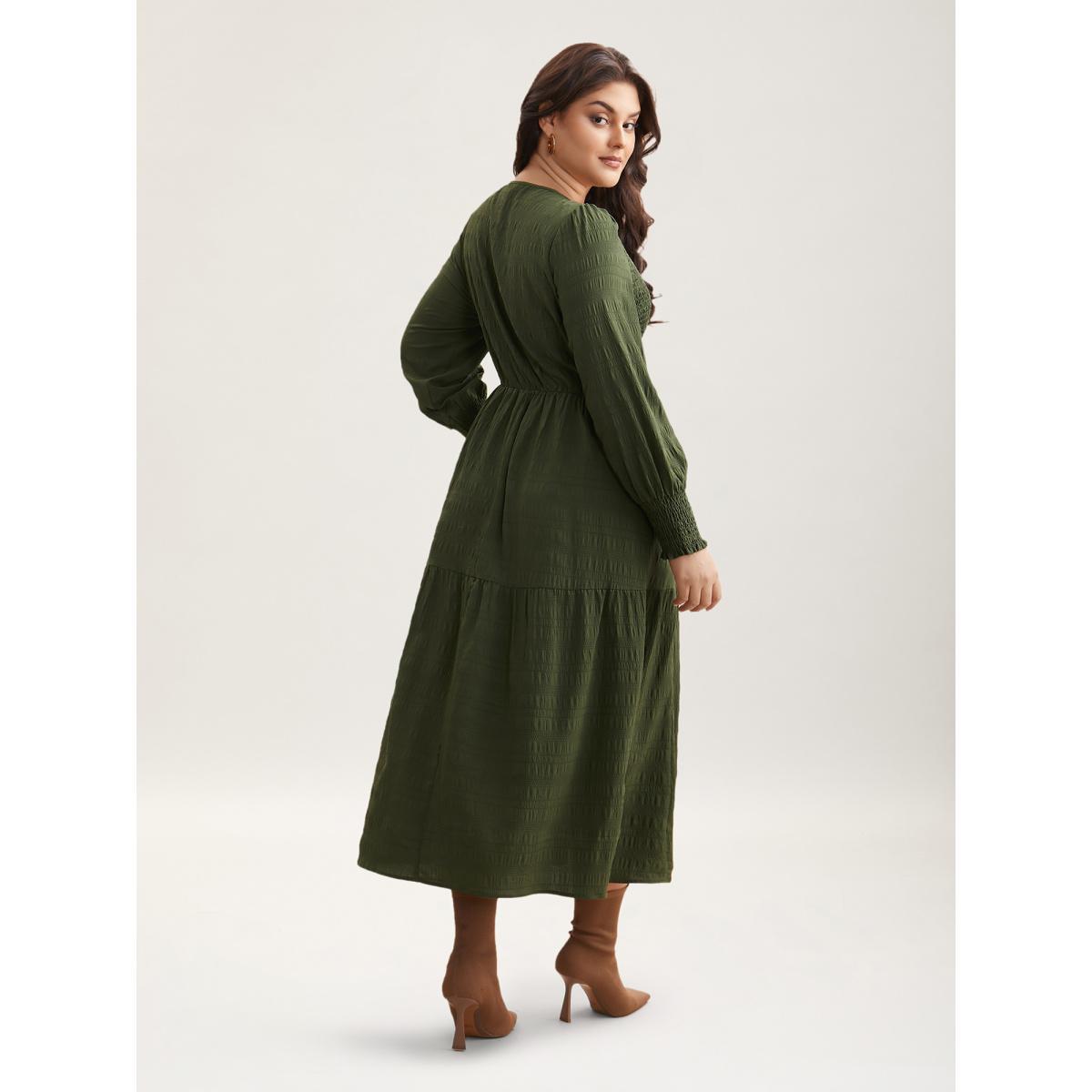 Plus Size Plain Textured Shirred Midi Dress Moss Women Timeless Texture Round Neck Long Sleeve Curvy BloomChic 30/6X Product Image