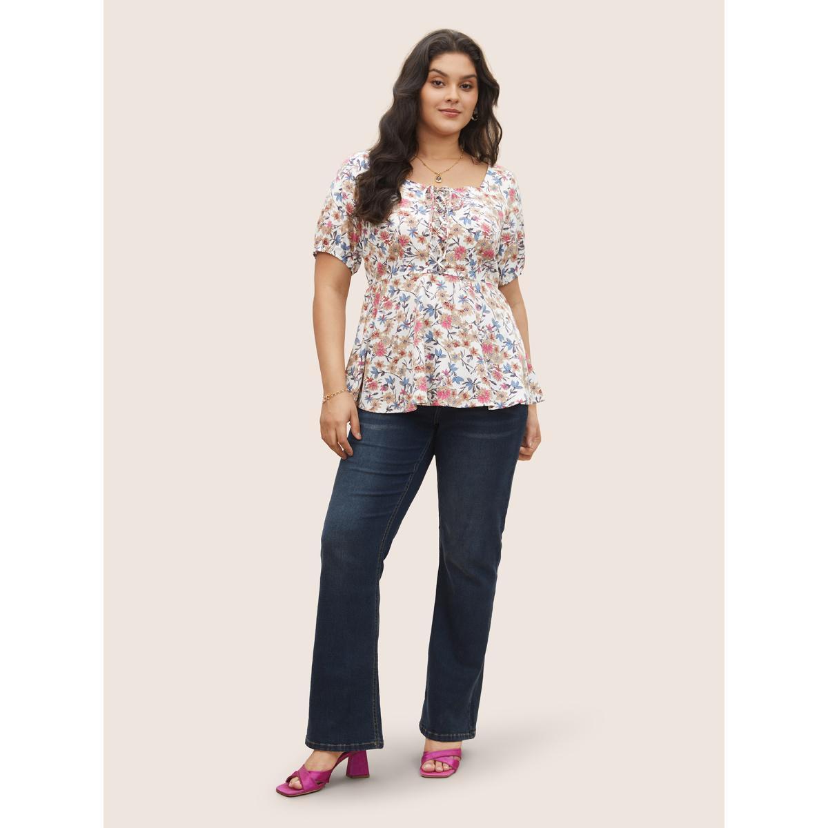 Plus Size White Floral Lace Up Gathered Lantern Sleeve Blouse Women Elegant Short sleeve Square Neck Everyday Blouses BloomChic 12/L Product Image